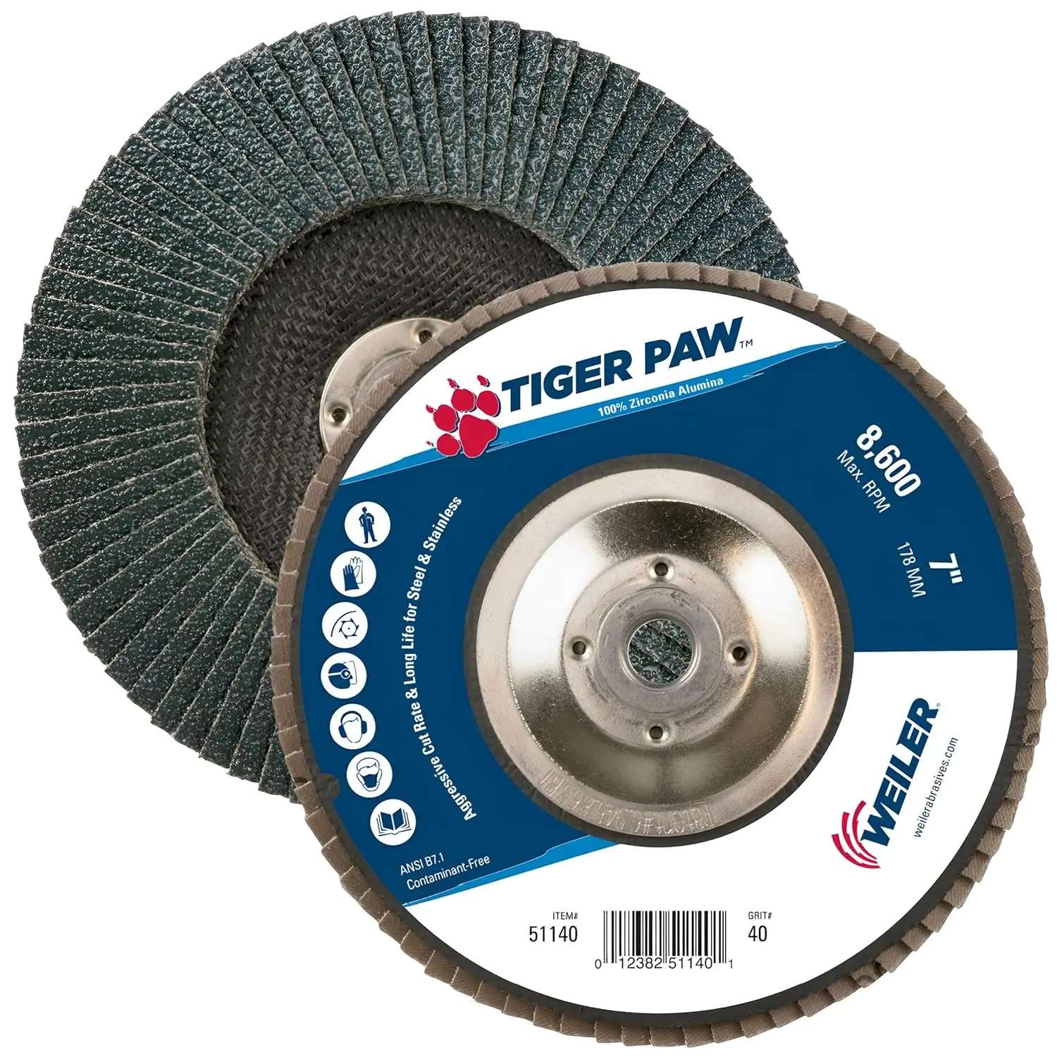 Tiger Paw Abrasive Flap Disc, Flat (Ty27), Phenolic Backing, 40Z, 5/8