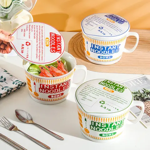 800ml Japanese Style Creative Ceramic Noodle Bowl With Lid Rice Bowl Handle Student Bento Soup Bowl 600ml Household Cup Mug