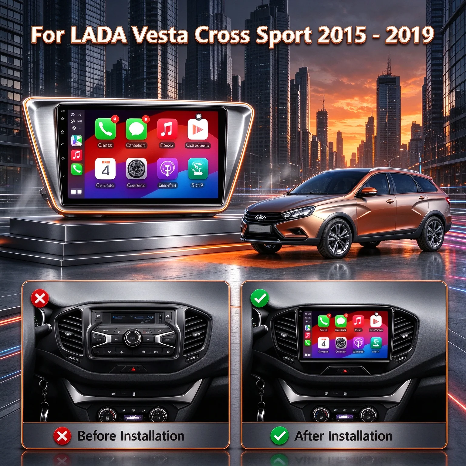 9inch Android 16   Carplay For LADA Vesta Cross Sport 2015-2019 Car Radio Multimedia Navigation 2K QLED Screen