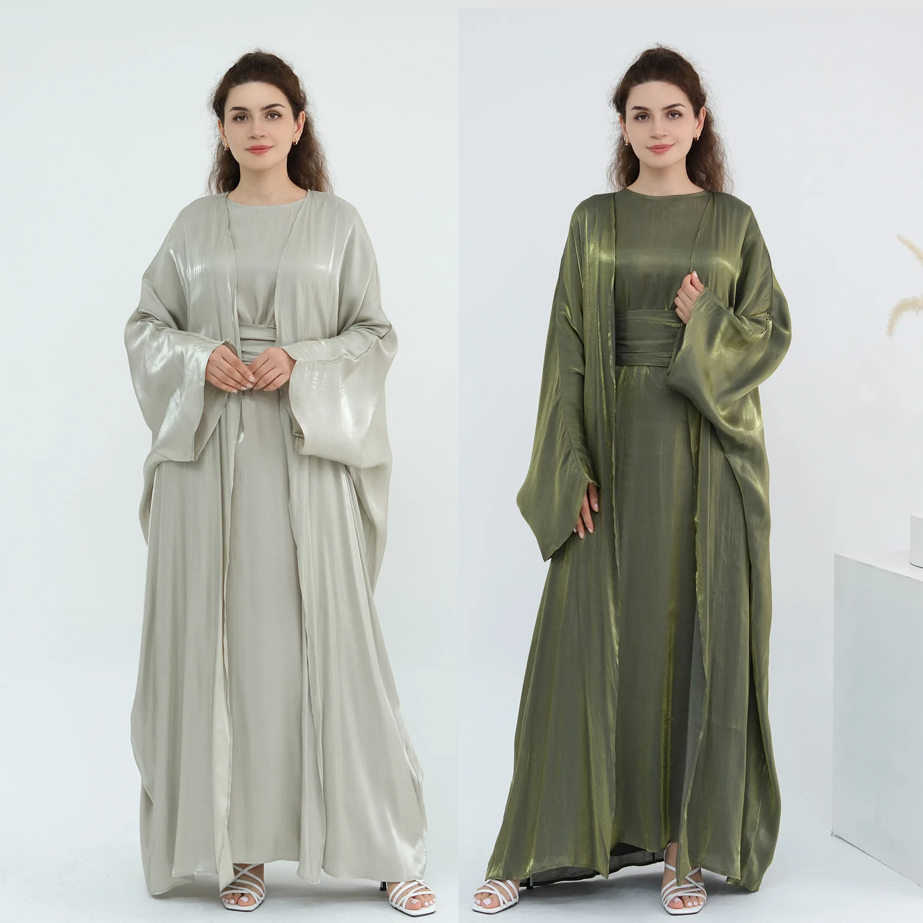 Dubai Kimono Aperto Abaya Glitter Set Musulmano Donne Abito Lungo Turchia Caftano Eid Jalabiya Femme Robe Islam Abbigliamento Kebaya Abiti
