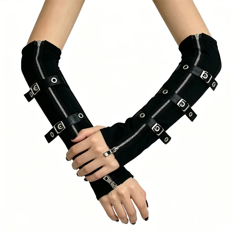 Black Punk Style Zipper Arm Warmers Harajuku Japanese Streetwear Long Sleeve Covers for Women
