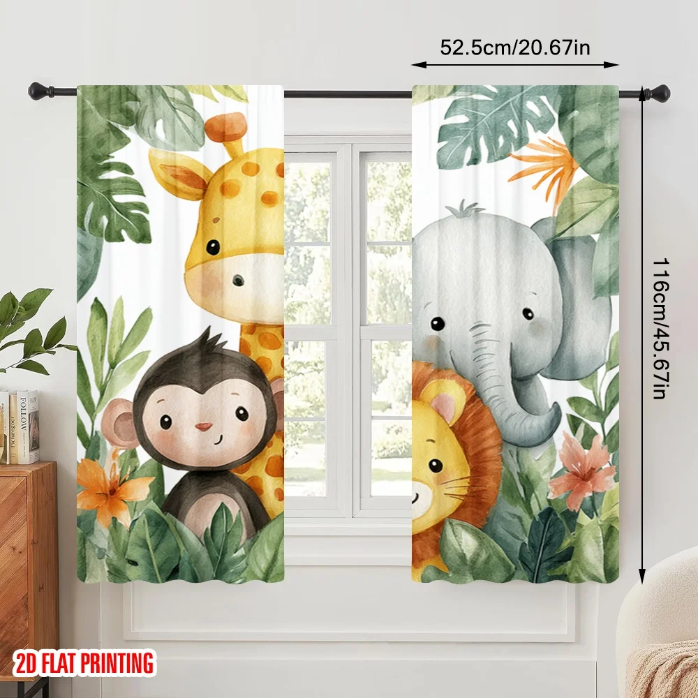 2pcs 2D flat printing Window Drapes Cute Safari Animals Watercolor Polyester Without Electricity Family Party Use for Living