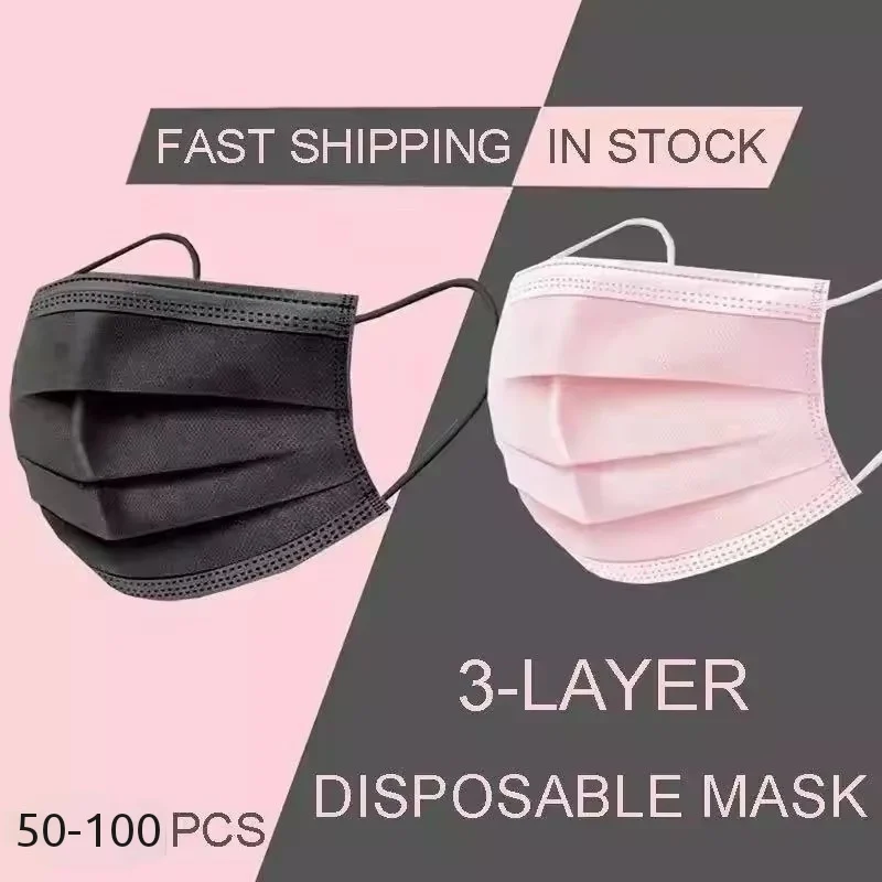 In Stock 50-100Pcs Disposable Non-woven 3-layer Face Mask Anti Dust Breathable Mask Elastic Earband Adult Black Protective Masks