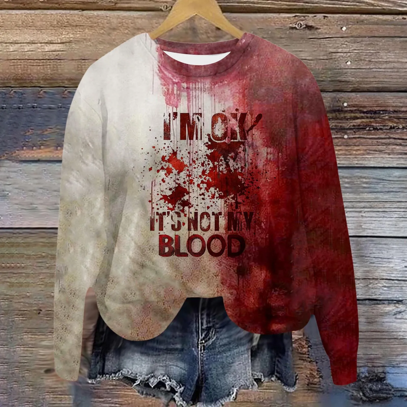 Autumn Womens  Halloween Daily Outdoor Workout Long Sleeve O Neck Bloody LetterPrinted Sweatshirt Street Blouse Streetwear Top