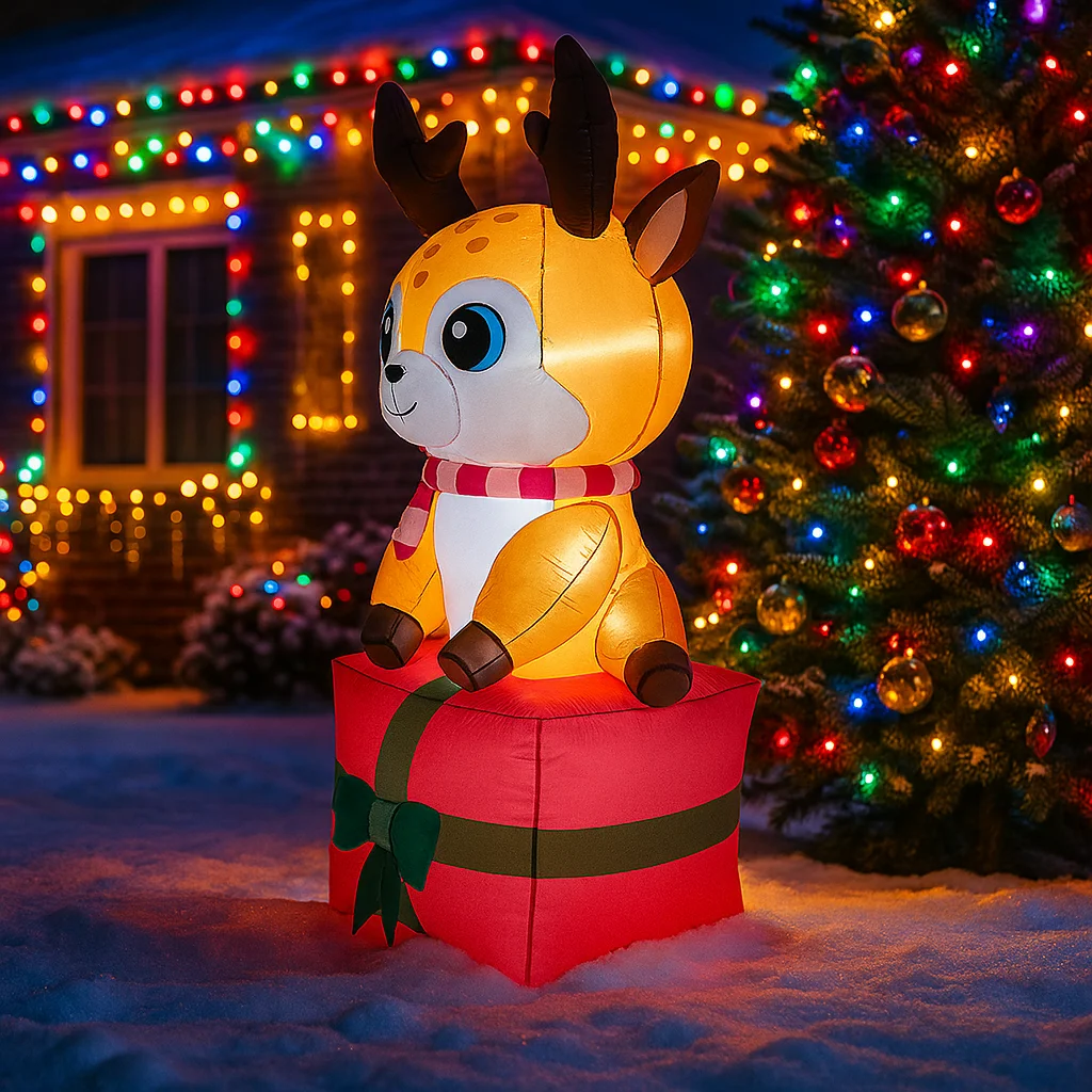 1.8 متر/5.9FT نفخ الرنة على صندوق هدية أضواء LED ديكورات المنزل اللعب ساحة عيد الميلاد عطلة لوازم الزينة في الهواء الطلق