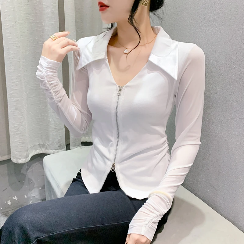 2024 New Spring European Clothes T-Shirt Chic Spliced Sexy Zipper Cardigan Women\'s Tops Long Sleeve Bottoming Shirt Tees 42019