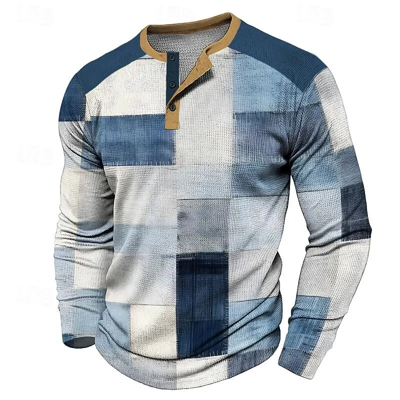 

3D Plaid Print Men's Henley T-Shirt Stylish Patchwork Graphic Long Sleeve Tops Classic Design Casual Comfortable Autumn Clothing