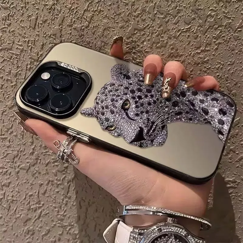 IMD Holographic Silver Phone Case For iPhone 18 17 16 15 14 13 12 Pro XS Max X XR Plus Mini Air Diamond Leopard Print Back Cover view 5