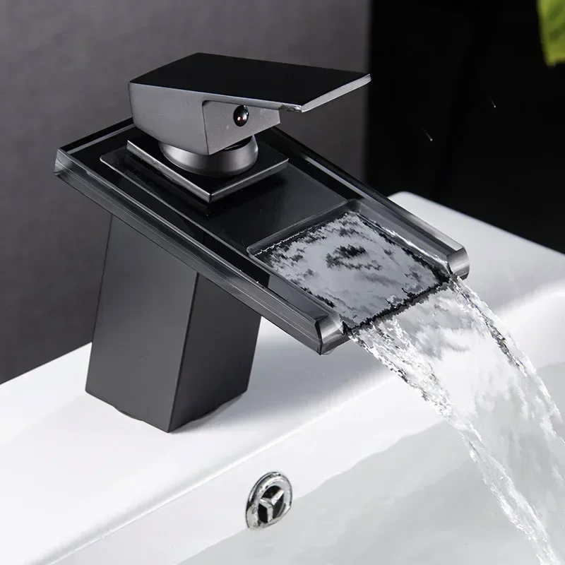 LED Basin Faucet Brass Waterfall Bathroom Mixer Tap Deck Mounted Wash Sink Glass Taps Hotel Colors Change Sink Faucet