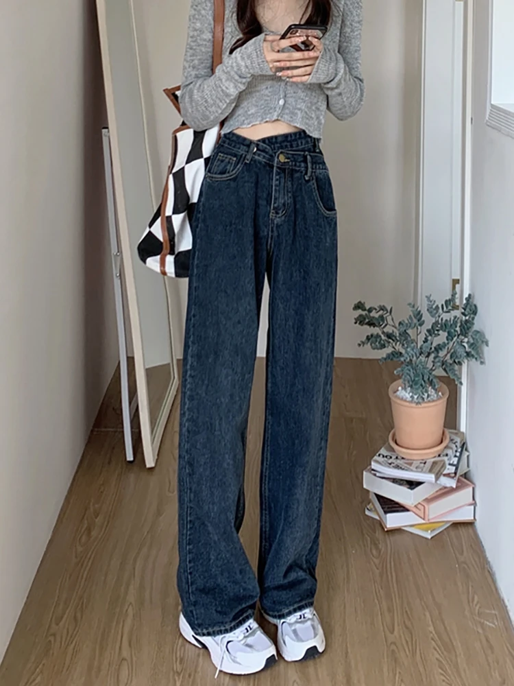 

High Waist Wide Leg Jeans Women's Spring Autumn New Sle Cross Waist Distred Slimming Versatile Deep Color Denim