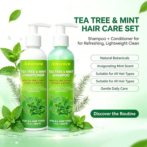 Amococo 2pcs X 200ml Tea Tree Shampoo and Conditioner Set with Mint Biotin Refreshing Scalp Care Hair Care Duo Volumizing Smooth Hair Formula for All Hair Types