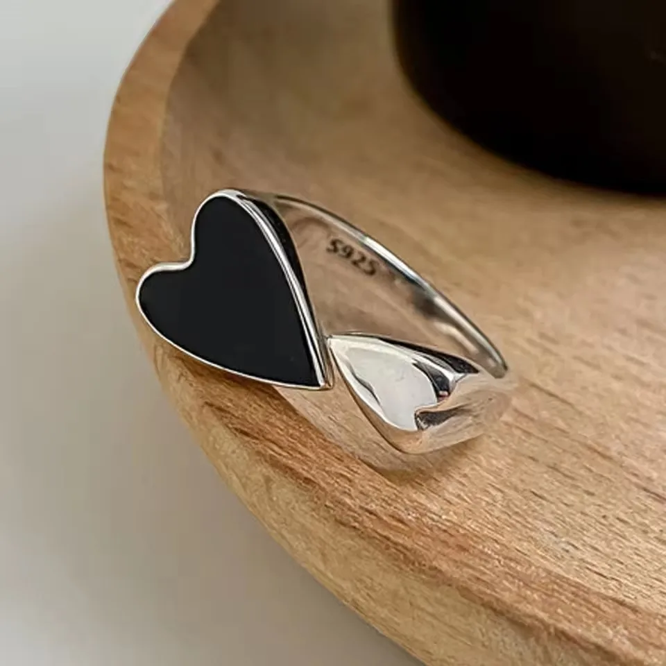 925 Sterling Silver Unique Ring For Women Jewelry Finger Adjustable Vintage Black Heart Ring For Party Birthday Gift