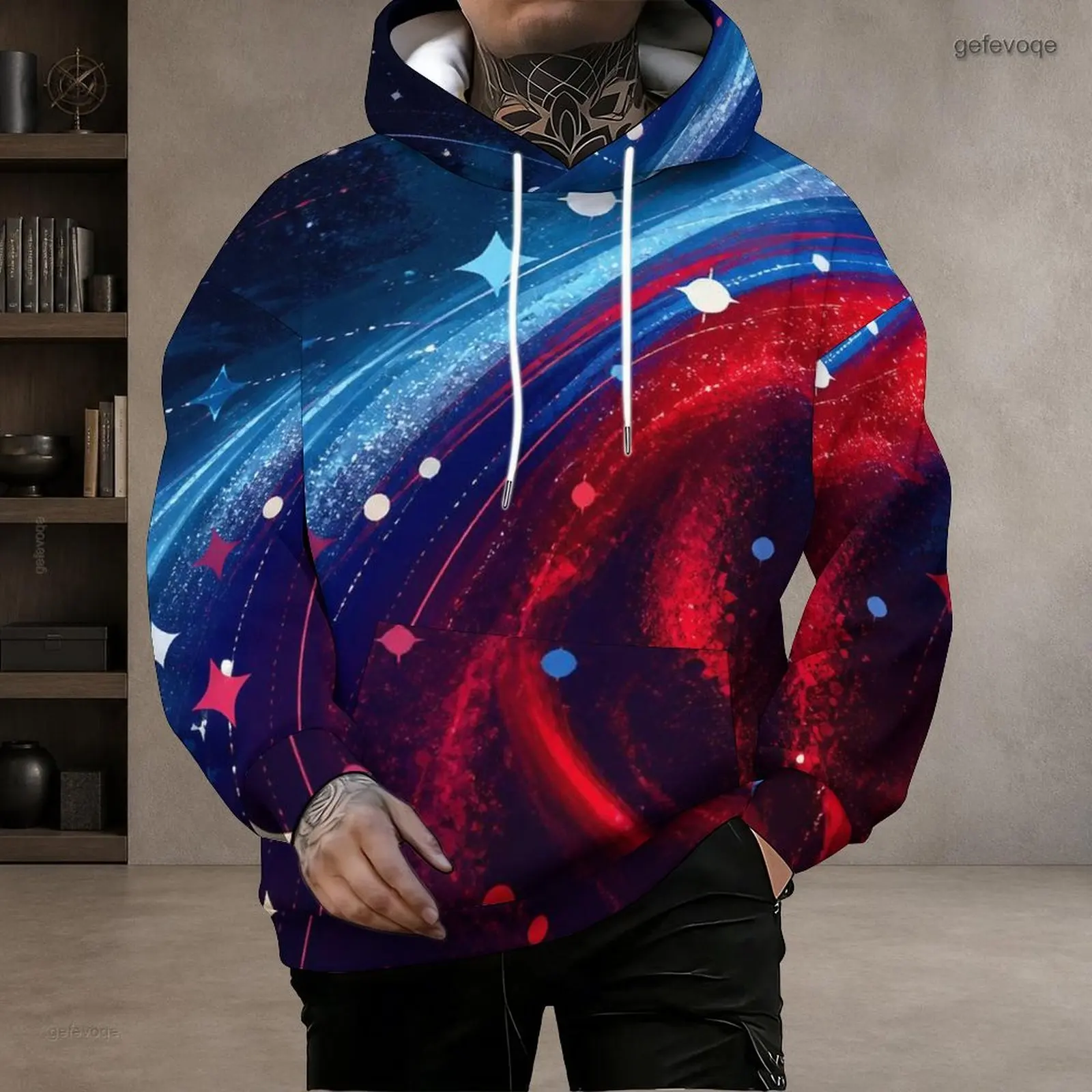 Men Printed Red Blue Cosmic Galaxy Star Pattern Pullover Hoodie Long Sleeve Drawstring Hood Kangaroo Pocket