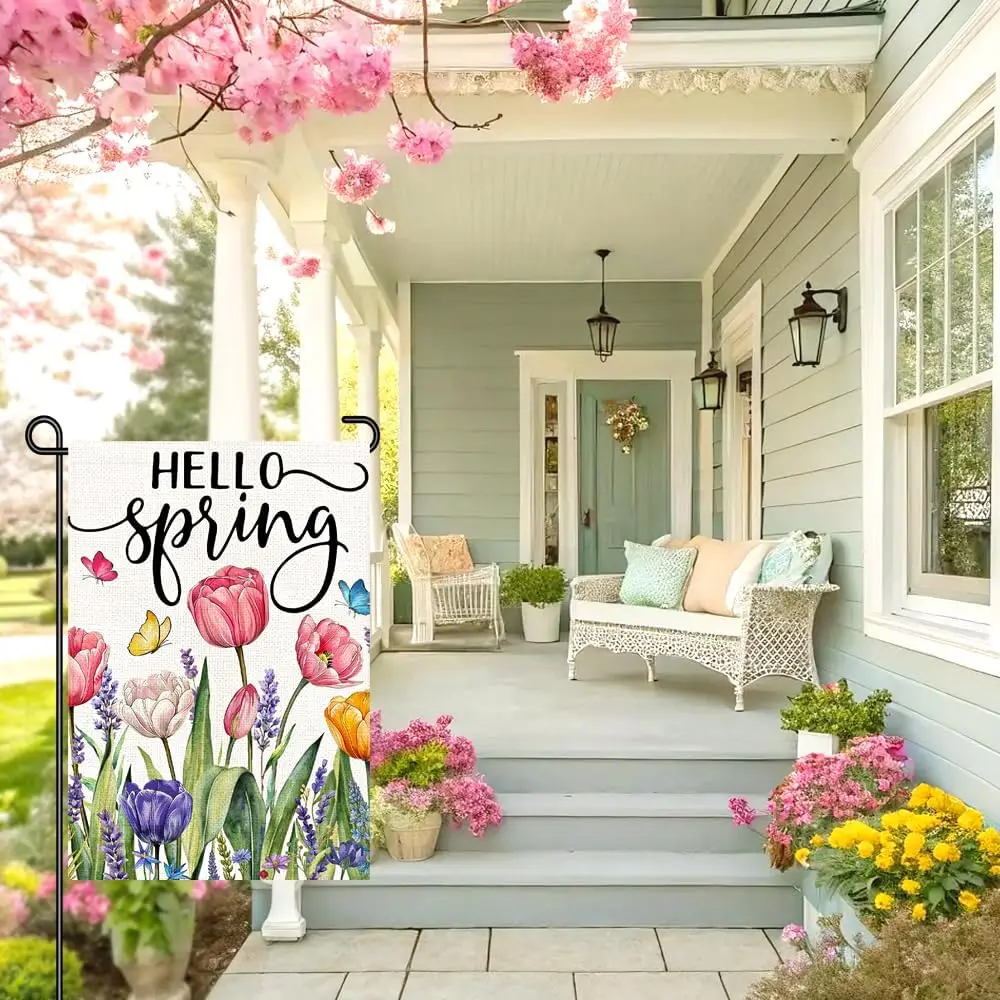 Hello Spring Garden Flag 12x18 Inch, Tulip Floral Spring Yard Flag Double Sided Burlap Outdoor Decoration for Porch Lawn Pat AAS