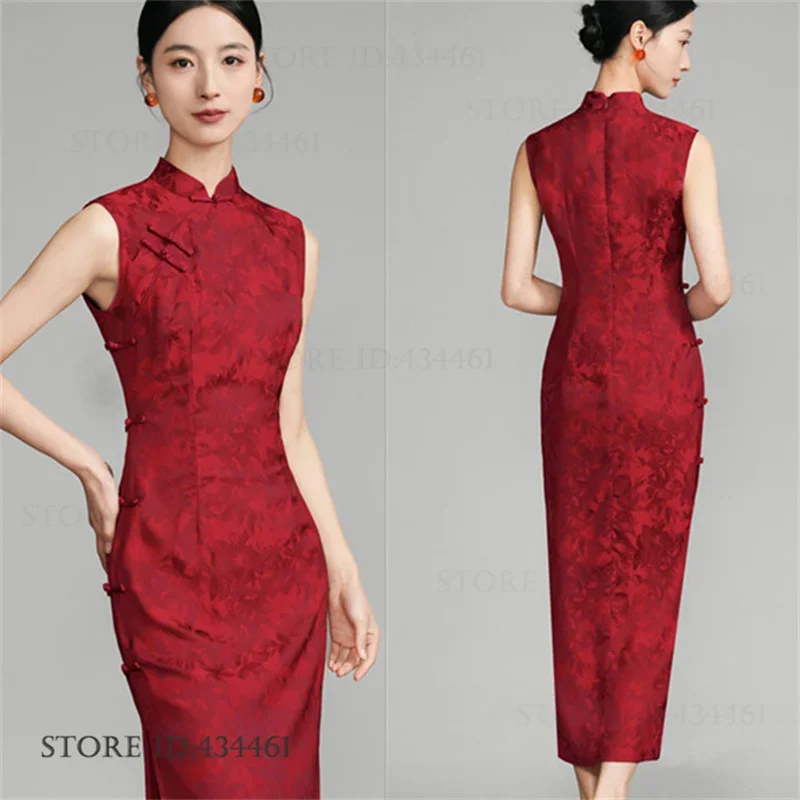 

Новое китайское платье-ципао без рукавов с разрезом, жаккардовое, длинное, элегантное, из шелкового атласа, винтажный национальный костюм в китайском стиле