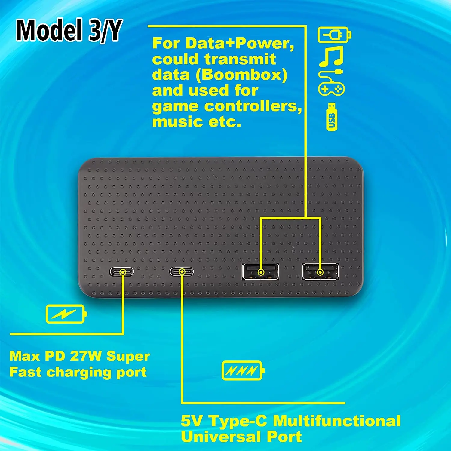 For Tesla Model 3 Y 2021 2022 HUB Fast Charge Expansion USB Splitter HUB Docking Station Center Armrest Box 27W Accessories