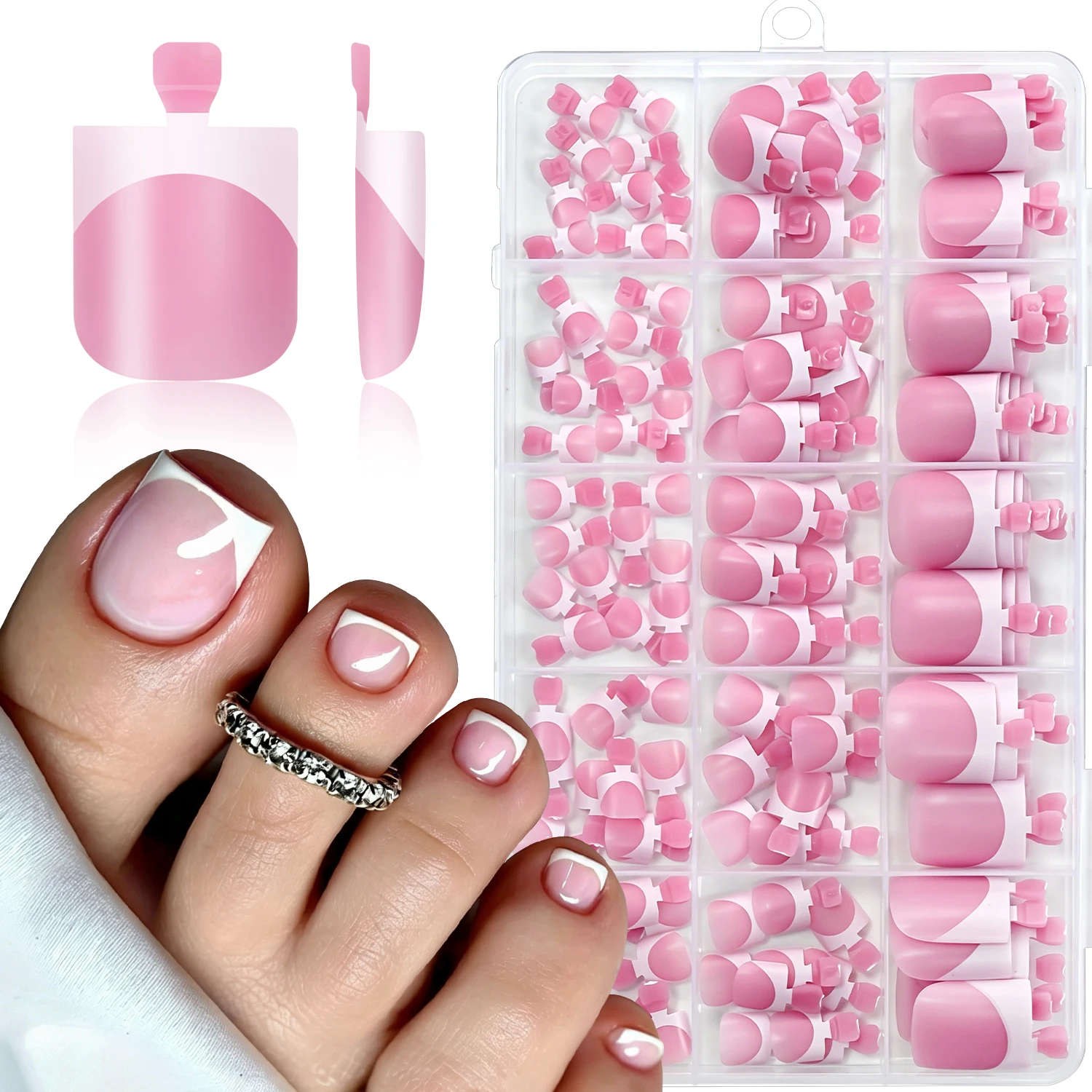 150Pcs Nude Pink French Tip Press On Toe Nails White Edge Short Square Fake Toenails for Summer Daily Beach Holiday Foot Nail TD view 2