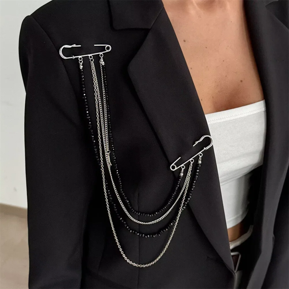 Punk Safety Pin Layered Chain Brooch for Women Men Irregular CCB Tassel Lapel Pins Gothic Clothing Accessories Jewelry