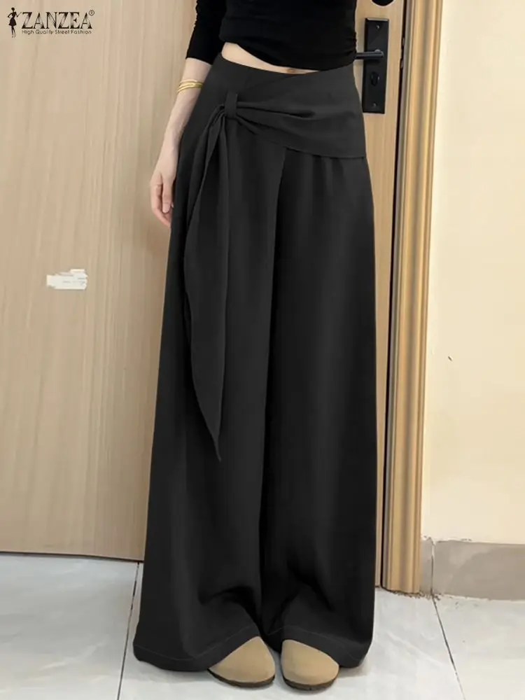 Damskie spodnie z szerokimi nogawkami, modne, eleganckie, z ozdobną wstążką, elastyczna wysoka talia, jednolite, luźne spodnie, odzież do pracy, spodnie damskie ZANZEA