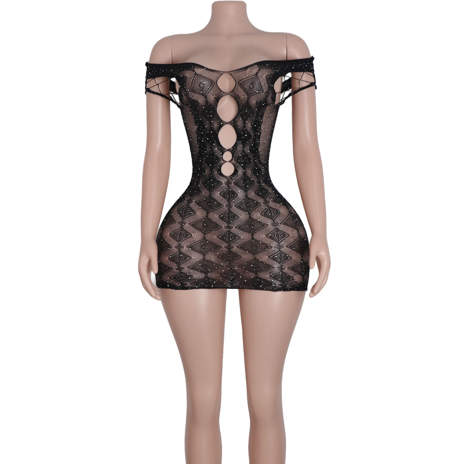 Unique Fishnet Dress Featuring Exotic Strip Design Elegant Costume Elements Adult Performance Attire Nightclub Events Dancewear