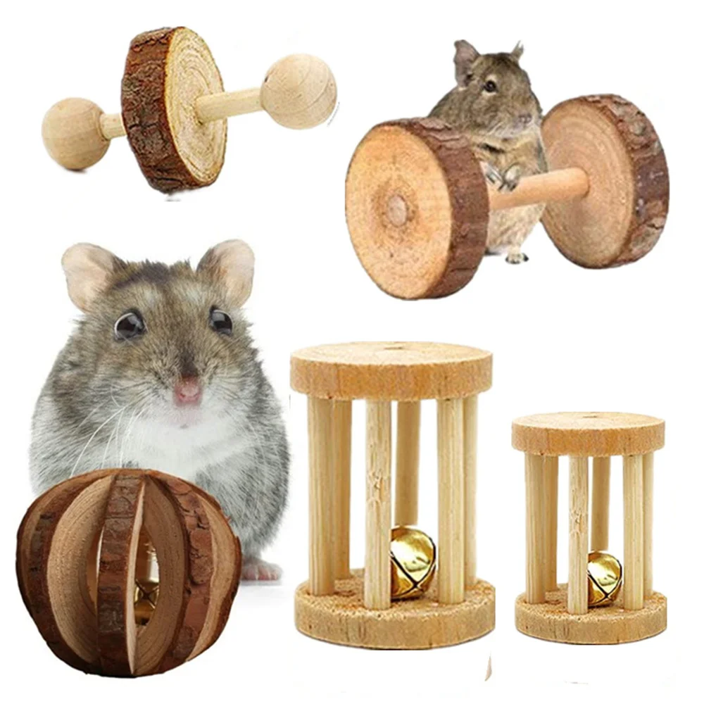 2Pcs Hamster Chewing Toy Natural Wooden Bell Play Toy for Rabbit Rat Guinea Pig Squirrel Pet Molar Teeth Roller Toy Pet Supplies