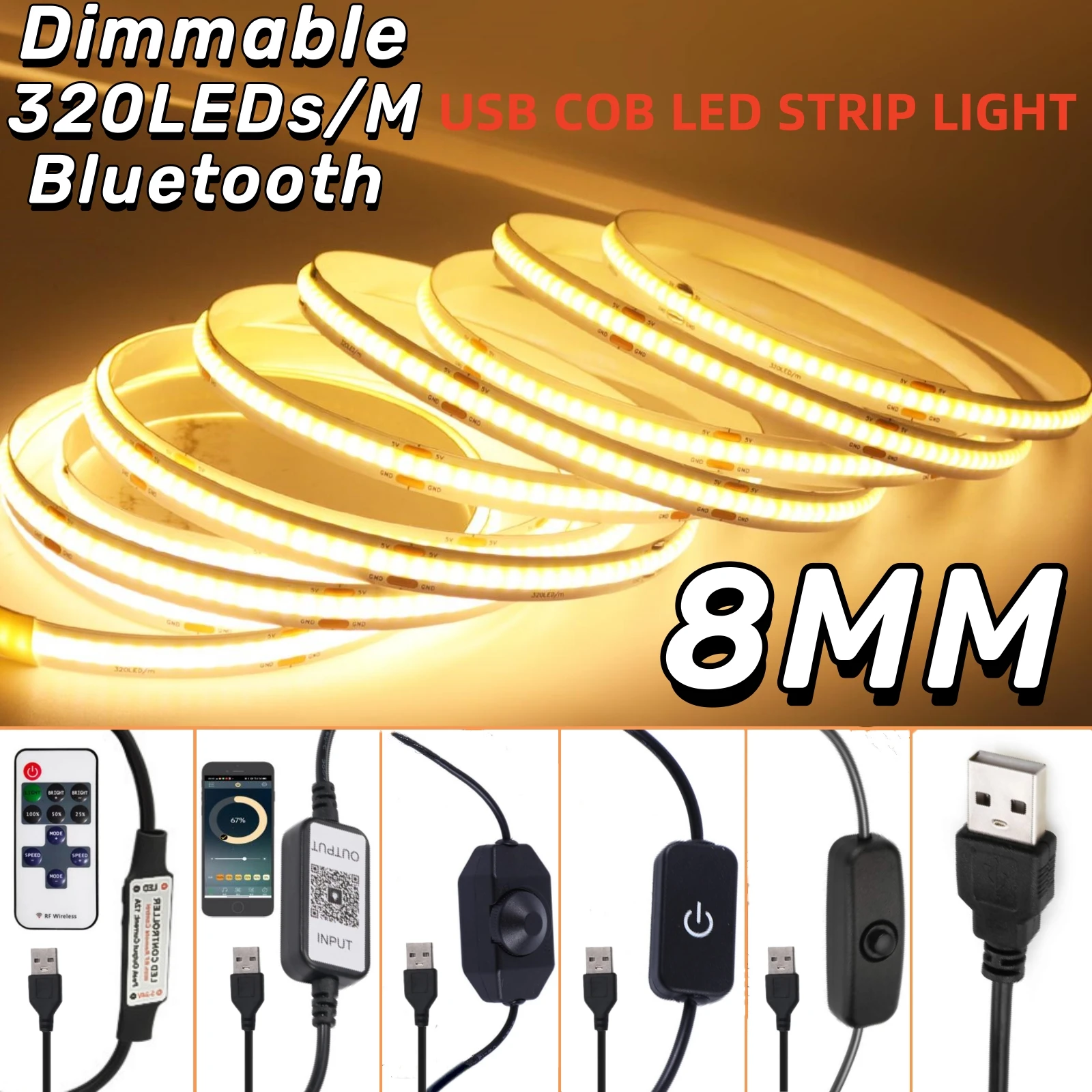 5V pasek przyciemniane światło LED USB z RF pilot zdalnego sterowania 8MM 320LEDs/M Bluetooth szafka TV lustro tło taśmy oświetlenie nocne