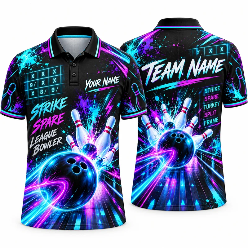 Custom Bowling Polo Shirt Personalized Name Team Name Strike Graphic Short Sleeve Jersey League Tournament Team Uniform Top