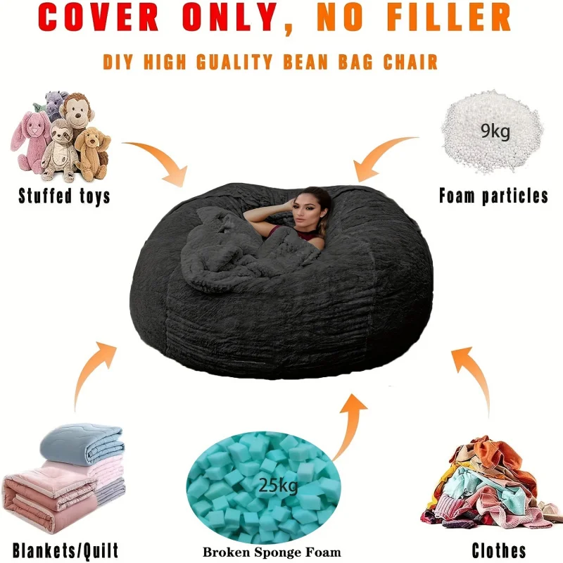 Soft & Fluffy Faux Fur Bean Bag Chair Cover - 6ft, No Fill Included, Machine Washable, Versatile for Living Room Decor, Grey & B