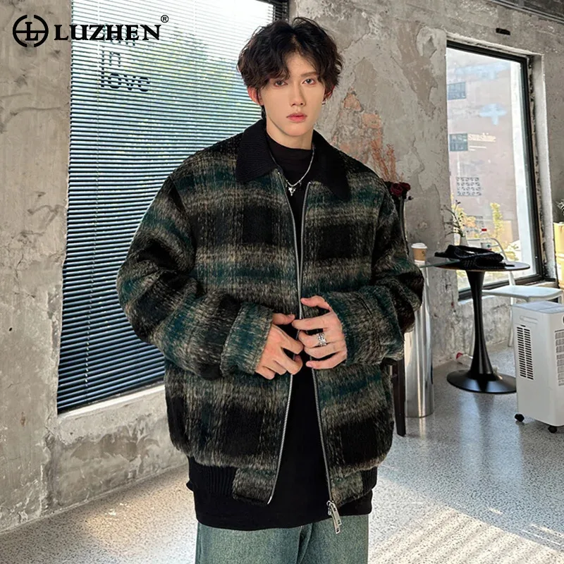 

LUZHEN 2025 New Stylish Elegant Checked Printed High Quality Woolen Jacket Men's Trendy Korean Double Zipper Casual Coat JY5201