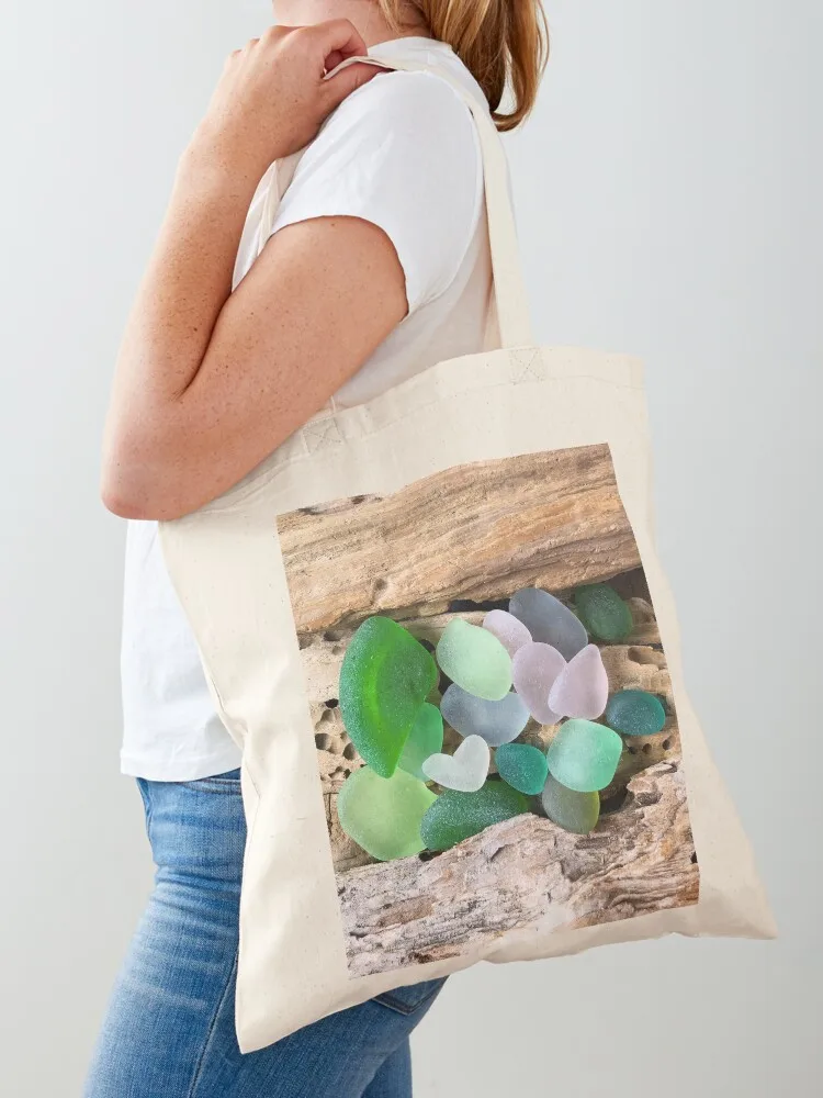 

Seaglass and Driftwood with Heart Shaped Sea Glass Tote Bag Woman shopper bag Gift bags woman shopping bag tote bags men
