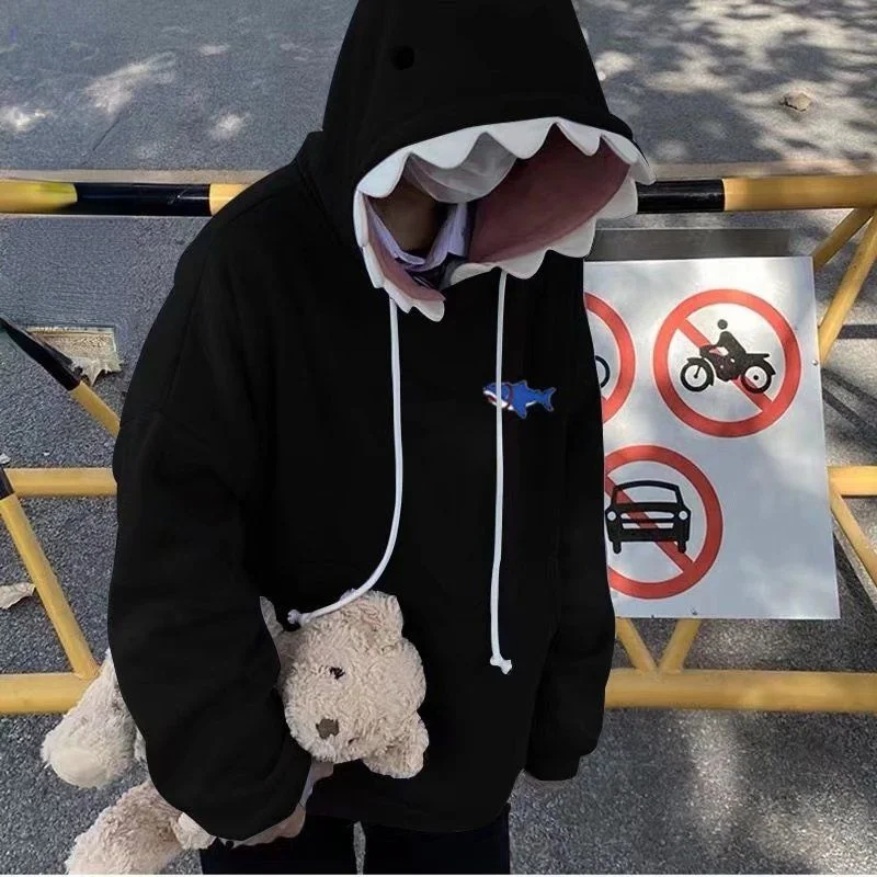 Fashion Shark Plus Velvet Embroidered Hooded Sweater Men and Women Autumn and Winter 2022 Loose Casual Top Hoodie Sweatshirts