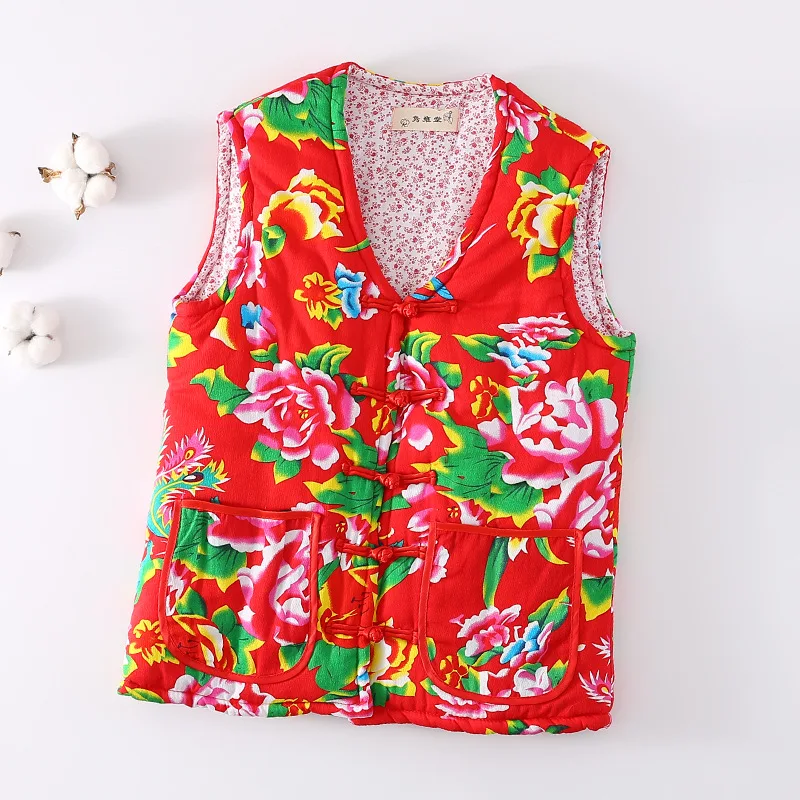 

Северо-восточный тканевый шелковый хлопковый жилет с большим цветком, осенне-зимний утолщенный теплый жилет для взрослых, тонкая хлопковая одежда, жилет в этническом стиле