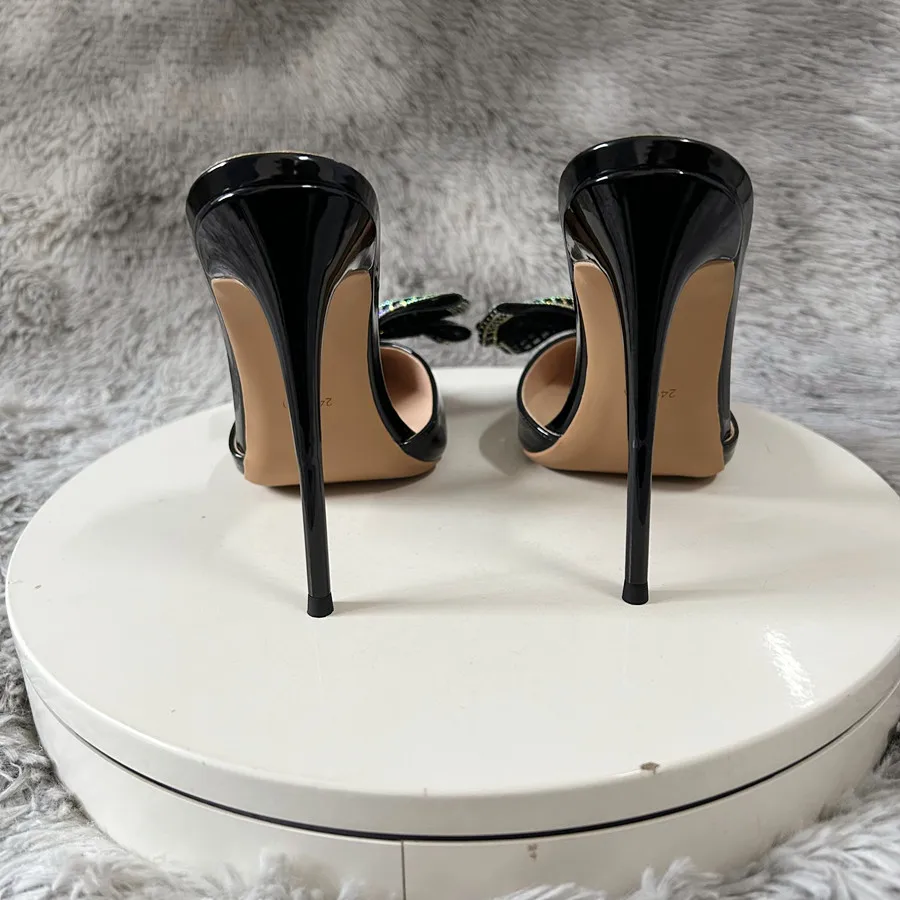 Newly 12cm/10cm High Heels Summer Slippers Black Slingback Women Pointed Toe Slides Stiletto SM Crossdress Shoes Plus Size45 46