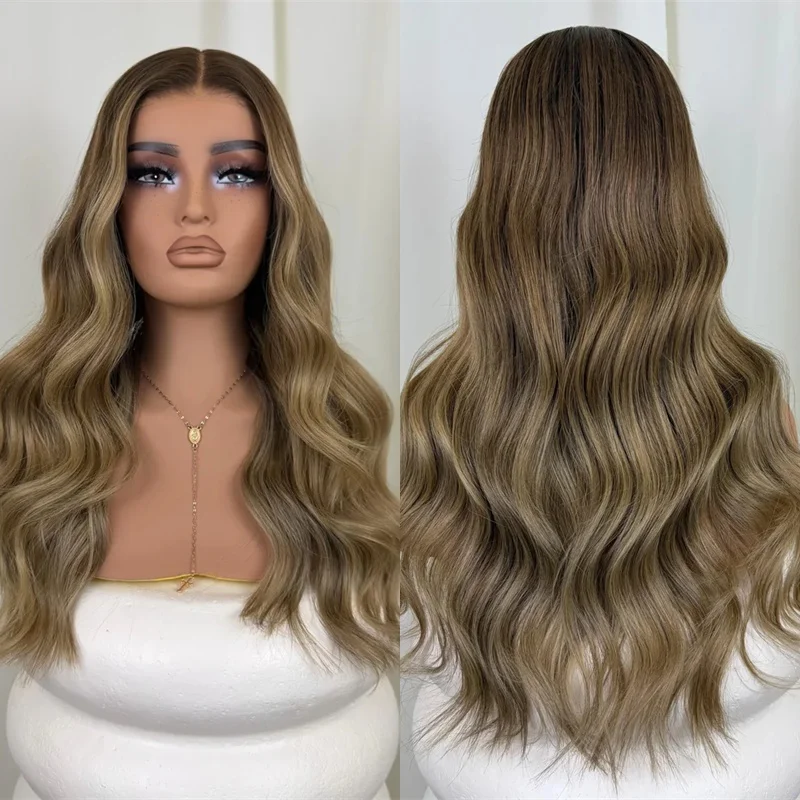 Small/Large Size Cap 13x4 Middle Part Ombre Brown Blonde Highlights Glueless Wigs Heat Resistant Synthetic Hair Wig Body Wave