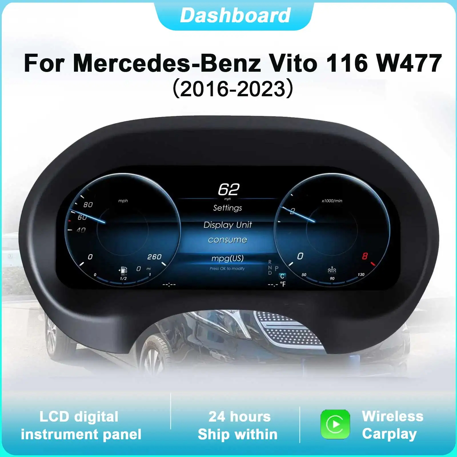 

Digital Cluster Dashboard For Mercedes-Benz Vito 116 W477 2016-2023 Dashboard speedometer 12.3-inch HD 1920x720 scree