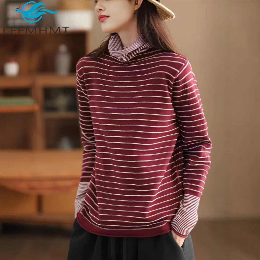 

Women Striped Knit Sweater Long Sleeve Loose Fit Pullover Autumn Winter Fashion Casual Turtleneck Tops