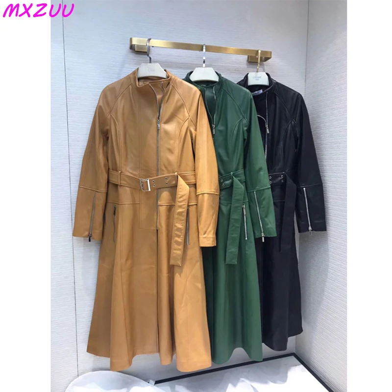 Jaqueta de couro genuíno feminina, pele de carneiro high-end, gola, zíper, cintura de bainha grande, trench coat fino, vestido