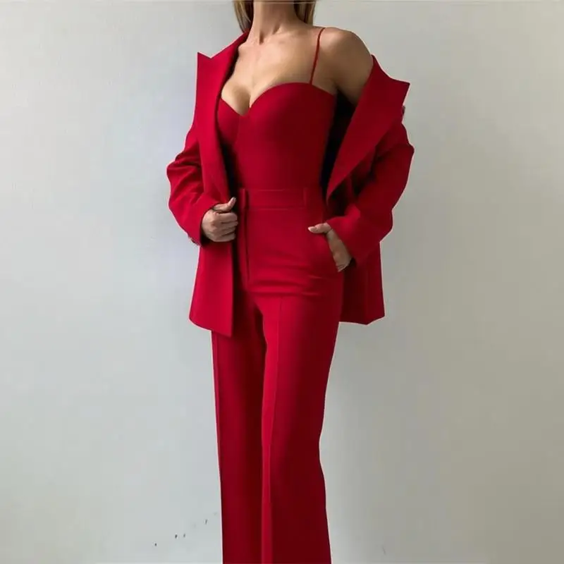 Women Sharp Suit Set Loose Long Sleeve Blazer Bandeau Waist-Cinching Top Structured Wide-Leg Trousers 2026 Office Business Wear