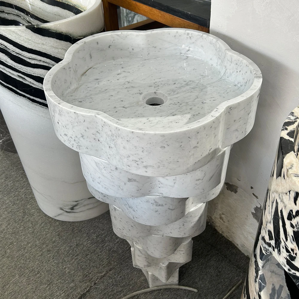 White modern pedestal marble sink with flower-shaped basin for hotel and villa use