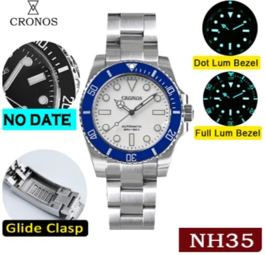 

Cronos Diver Men's watches Panda Black & White Date NH35 Ceramic Rotating Bezel 200 meters Water Resistant GlideClasp Man Watch