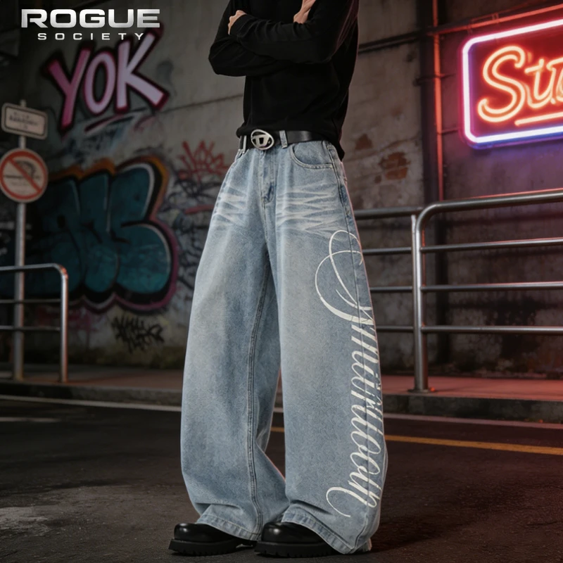 American Y2K Vibe Streetwear Men Women Jeans  Retro Washed Script Print Wide Leg Baggy Denim Pants High Street Harajuku Clothes