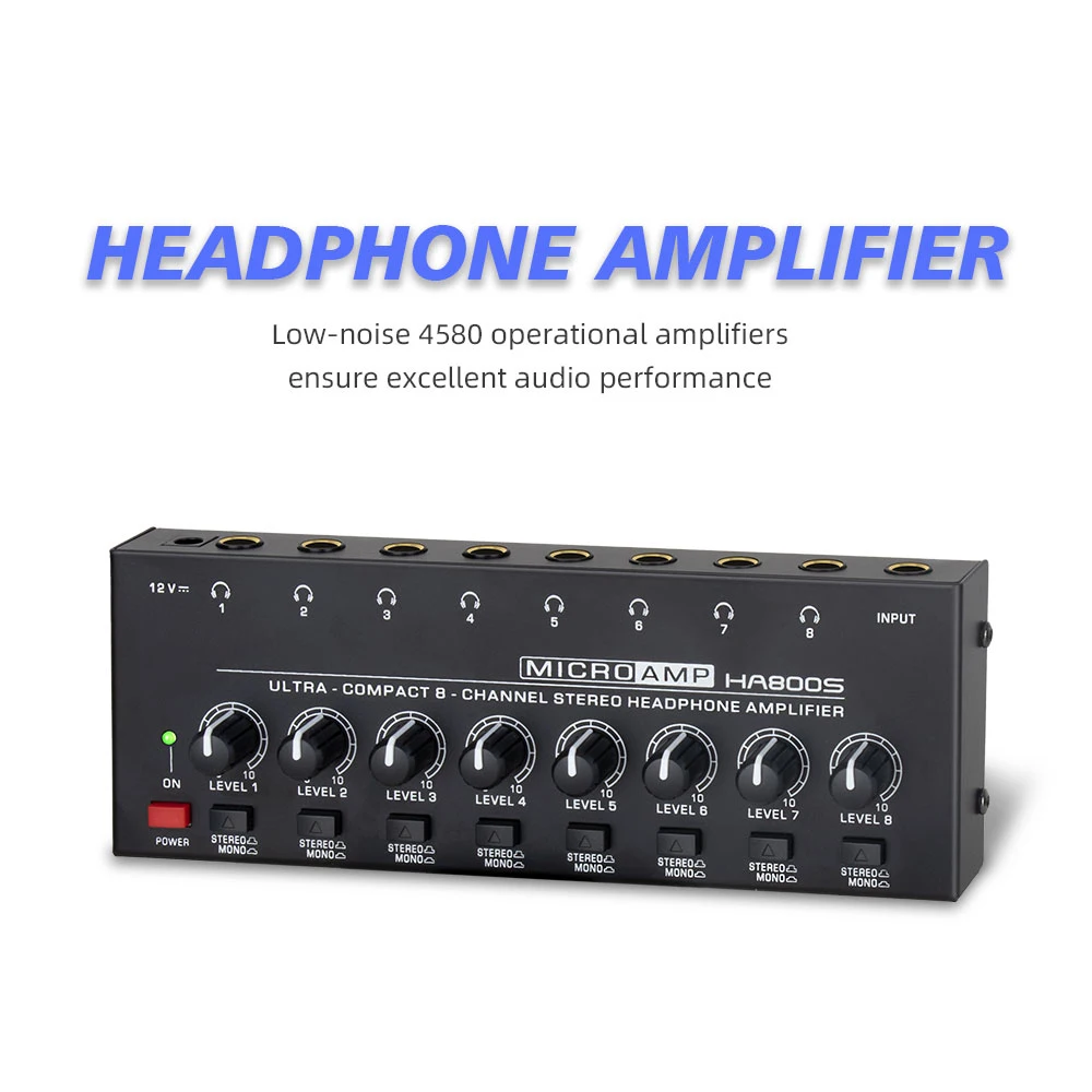 4 8 Channels Stereo Headphone Amplifier Portable Ultra Low Noise Audio Amplifier Earphone Splitter with Power Adapter