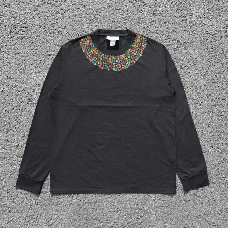 Heavily Weathered Long Sleeve T-Shirt with Embroidered Flowers Men's Women's High-End Feel Studio Wang Illness Workwear