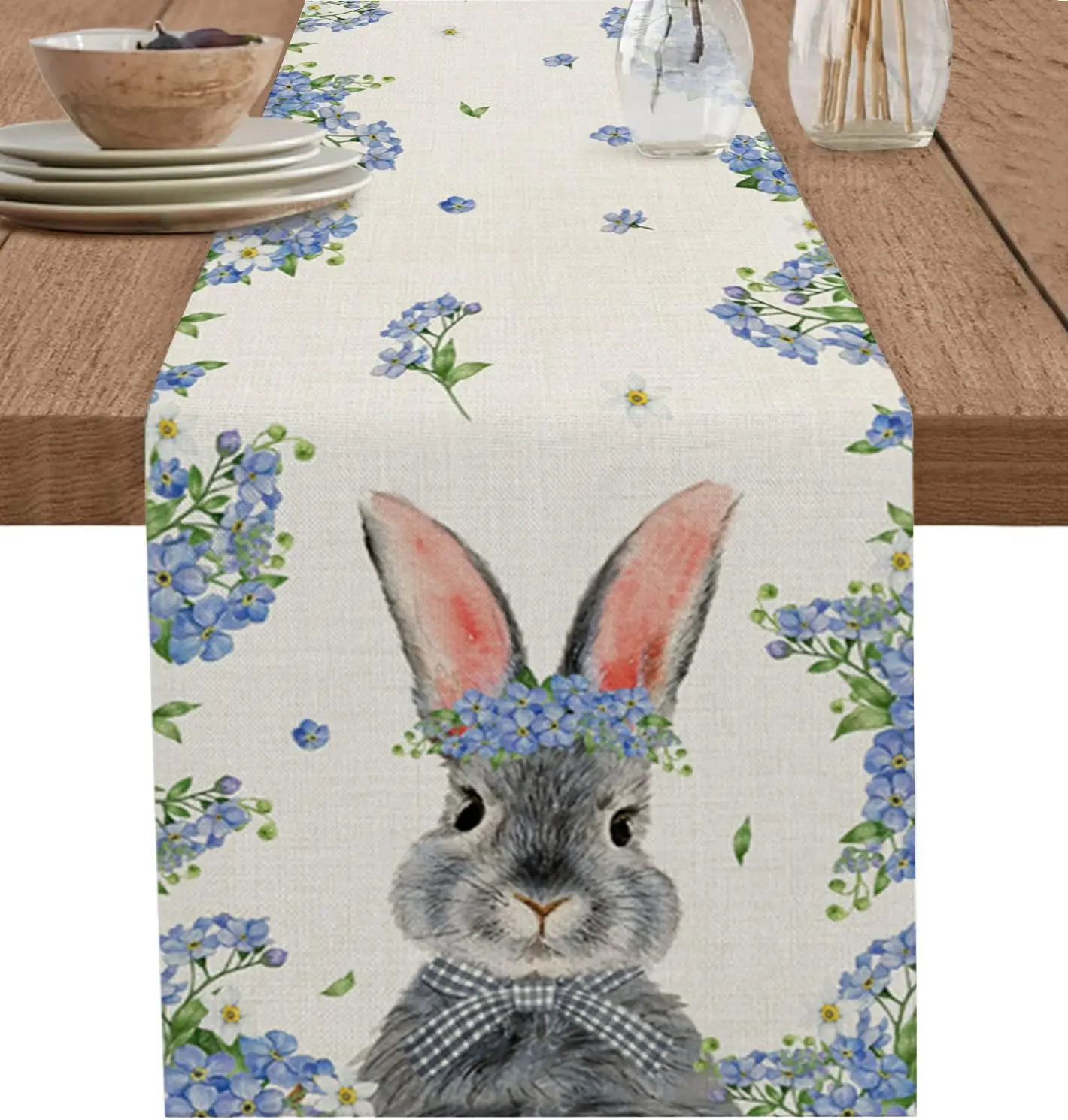 Happy Easter Bunny Rabbits Hydrangea Linen Table Runner Dresser Scarf Spring Blue Flowers Table Runners Easter Party Decorations