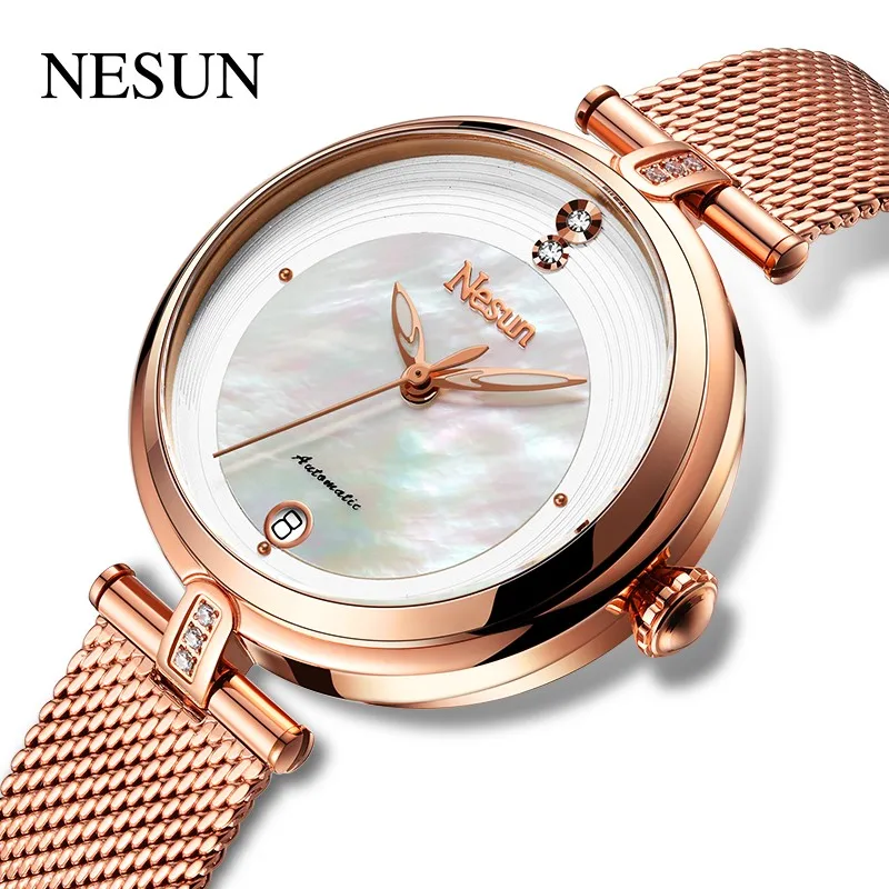 

Nesun For Women Automatic Wristwatch Mechanical Movement Pearl Shell Dial Rhinstone Waterproof Calendar Montre Squelette Femme