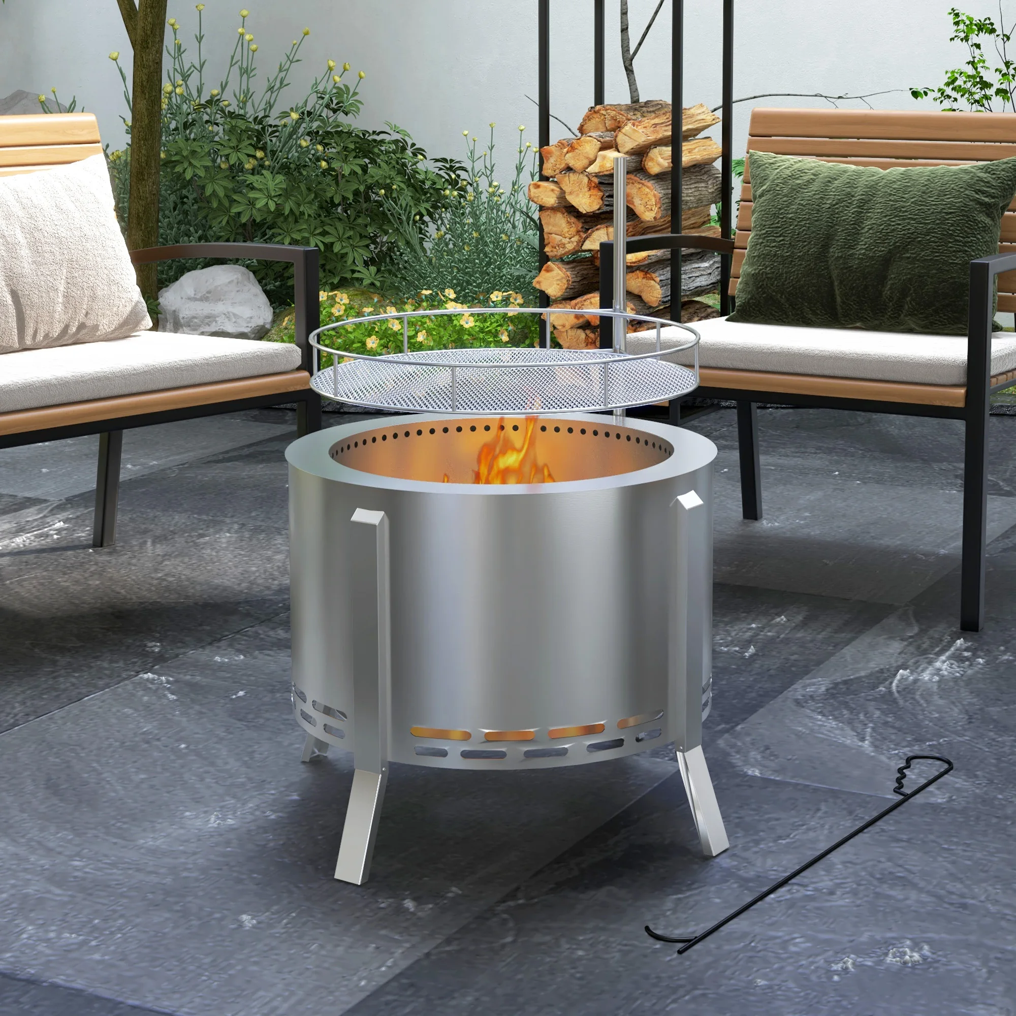 

Outsunny Smokeless Fire Pit Bbq Grill with Poker, Stainless Steel, Silver