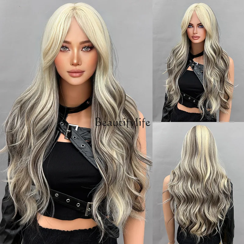 

Big wave wig female, eight-character bangs black gradual change gray long curly hair chemical fiber full headgear