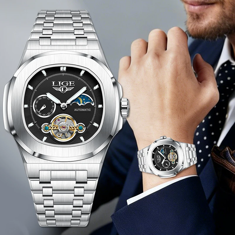 

LIGE New Automatic Mechanical Wristwatches for Men Fashion Business Watch Men Square Stainless Steel Sports Diver Men's Watches