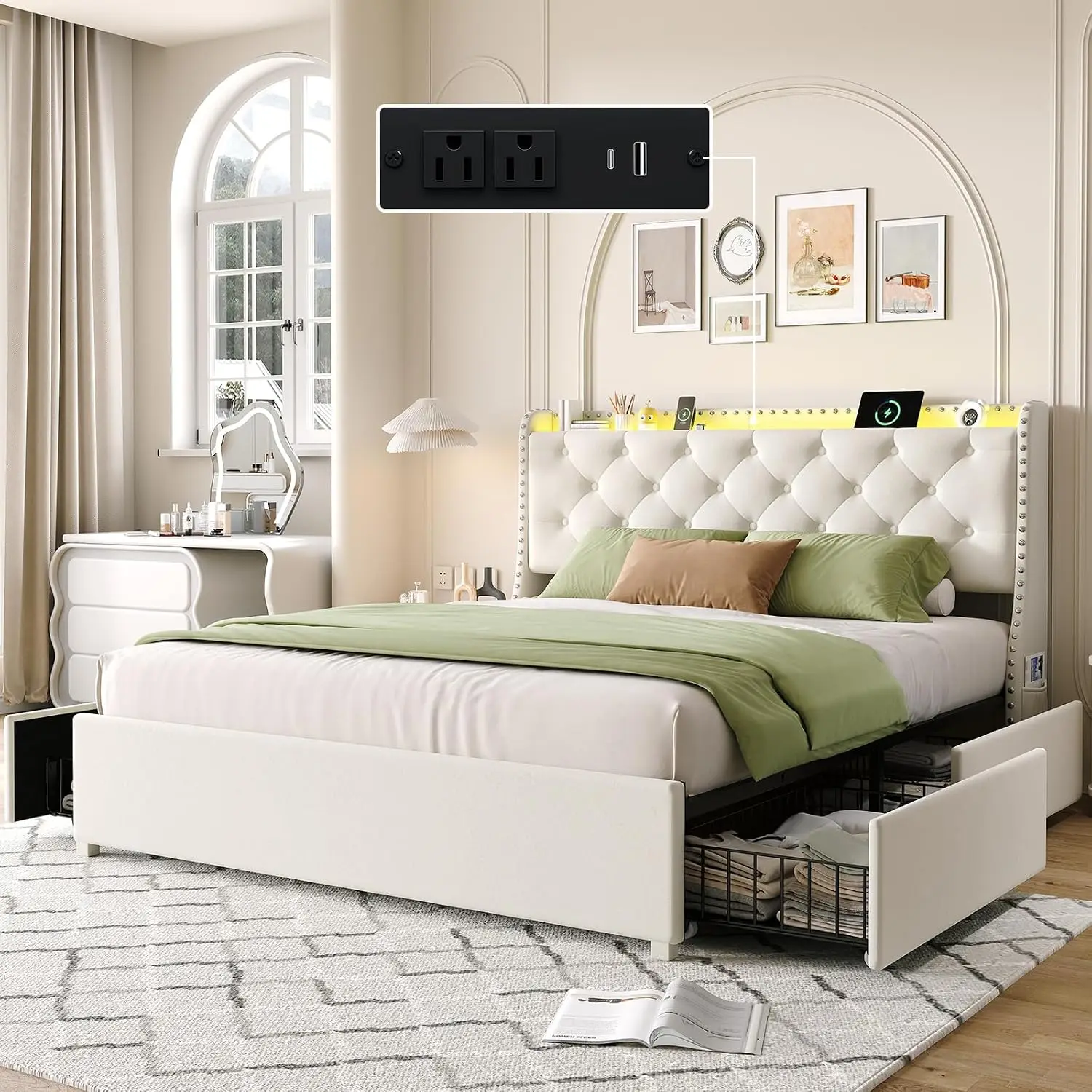 Queen Bed Frame with 4 Storage Drawers & Wingback Headboard, Beige, Customized