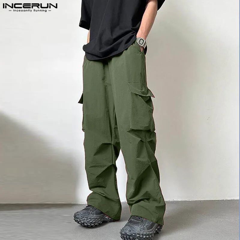 

INCERUN Men Cargo Pants Solid Color Drawstring Loose Joggers Casual Trousers Men Streetwear 2024 Fashion Male Long Pants S-5XL